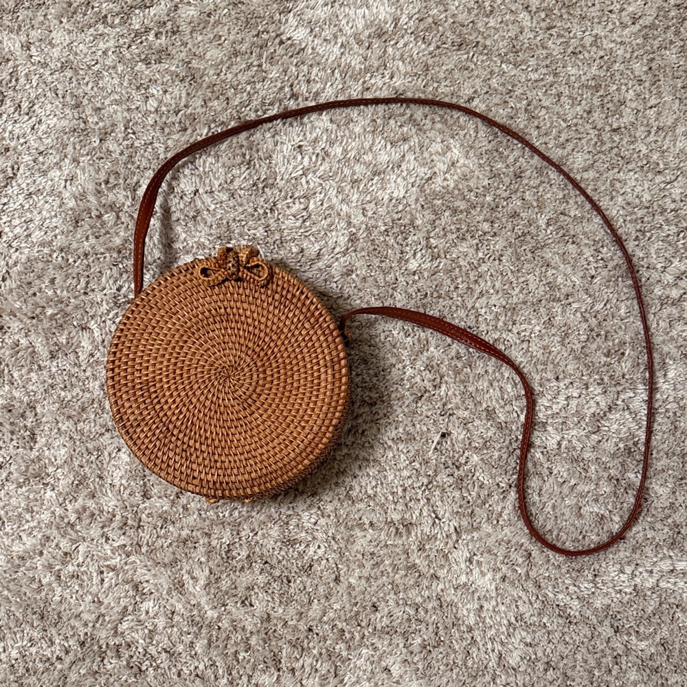 Round Woven Tan Crossbody Bag